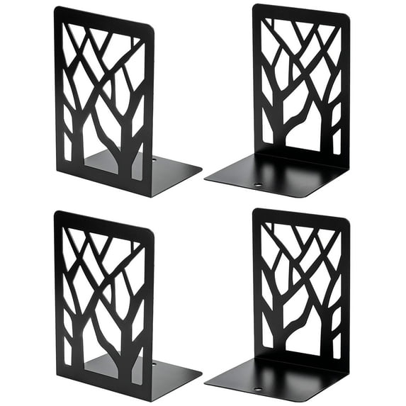 MaxGear 2 Pair/4 Pieces Book Ends Tree Design Modern Metal Bookends for Shelves, Heavy Duty Metal Book Stopper for CDs Black