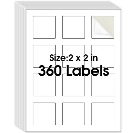 MaxGear 2" x 2" Square Matte White Labels, for Inkjet or Laser Printer, Strong Adhesive, Dries Quickly, Holds Ink Well, 360 Labels