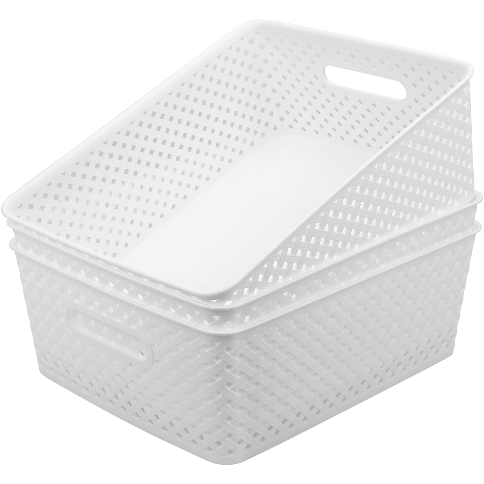 MaxGear 3 Pack Large Storage Bins with Handles, White Woven Plastic Organizer Baskets for Home & Office Organization, 13.8x11.5x5.2 Inch