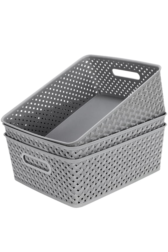 3 Pack Storage Bins with Handles, Plastic Organizer Baskets for Home Organization, Grey Woven Storage Containers for Shelves, Large