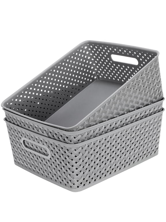 3 Pack Storage Bins with Handles, Plastic Organizer Baskets for Home Organization, Grey Woven Storage Containers for Shelves, Large