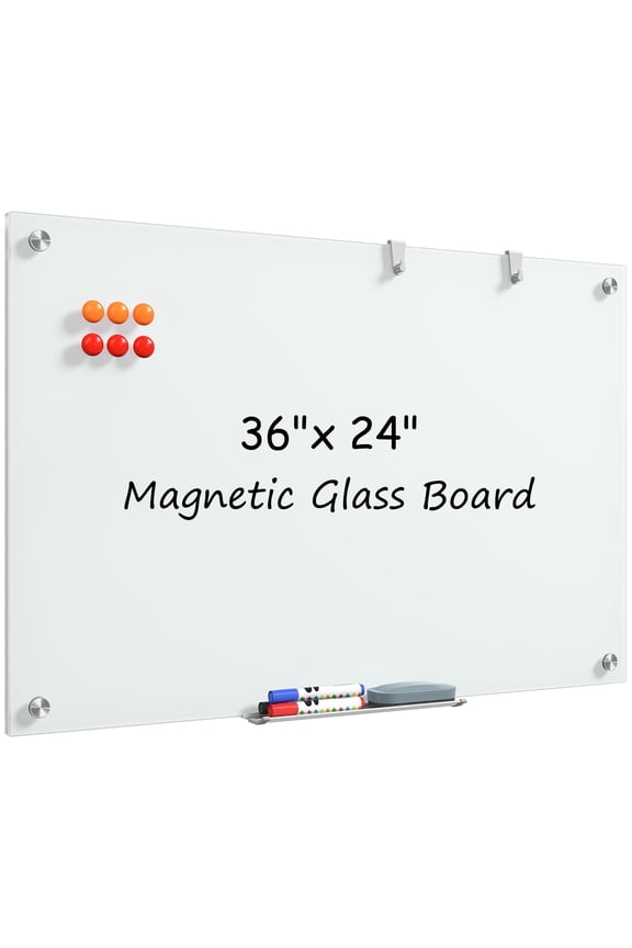 36" x 24" Magnetic Glass Whiteboard, Tempered Glass Dry Erase Board with Markers & Eraser for Office Home