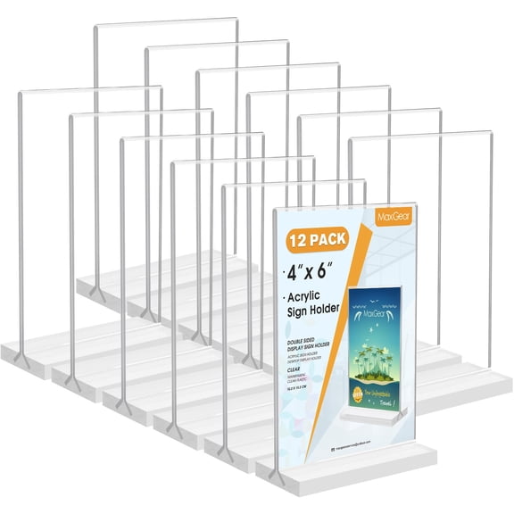 MaxGear 4x6 Acrylic Sign Holder 12 Pack, Clear Table Menu Display Stand Double Sided Picture Frame Plastic Paper Holder Standing Photo Flyer Holders for Office Store Restaurant Hotels