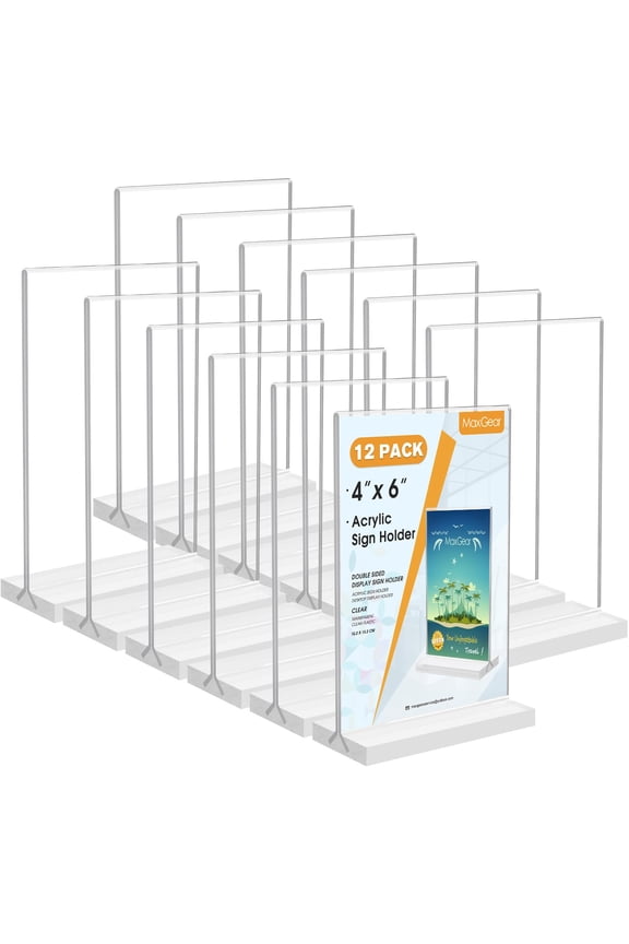 4x6 Acrylic Sign Holder 12 Pack, Clear Table Menu Display Stand Double Sided Picture Frame Plastic Paper Holder Standing Photo Flyer Holders for Office Store Restaurant Hotels
