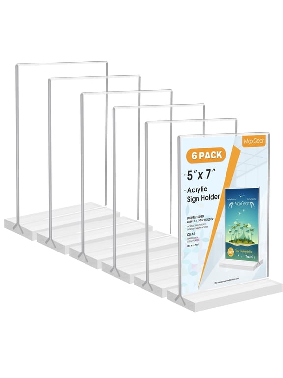 5x7 Acrylic Sign Holder 6 Pack, Clear Table Display Stand Double Sided Flyer Menu Holder Stand Photo Picture Acrylic Frame Plastic Stand Up Paper Holder for Offices Stores Restaurants Hotels