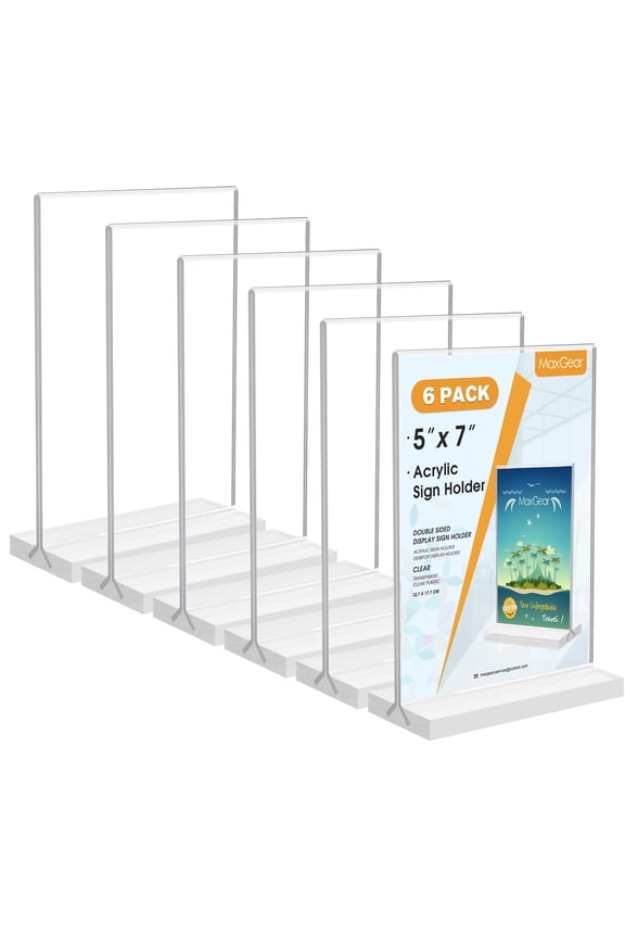 5x7 Acrylic Sign Holder 6 Pack, Clear Table Display Stand Double Sided Flyer Menu Holder Stand Photo Picture Acrylic Frame Plastic Stand Up Paper Holder for Offices Stores Restaurants Hotels