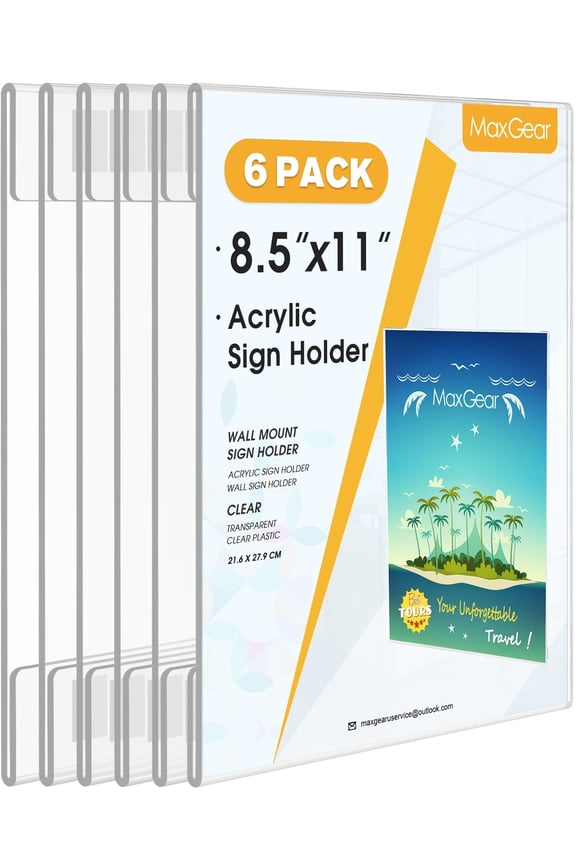 6 Pack Acrylic Sign Holder 8.5 x 11 Wall Mount Sign Holder with Double-Sided Tape, Clear Plastic Sign Holders