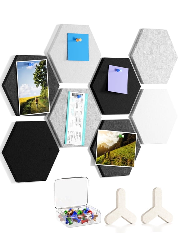 8-Pack Hexagon Felt Cork Board Tiles, 7x6.1 Inch Self-Adhesive Bulletin Board with Pins for Wall Decor, Office, Home