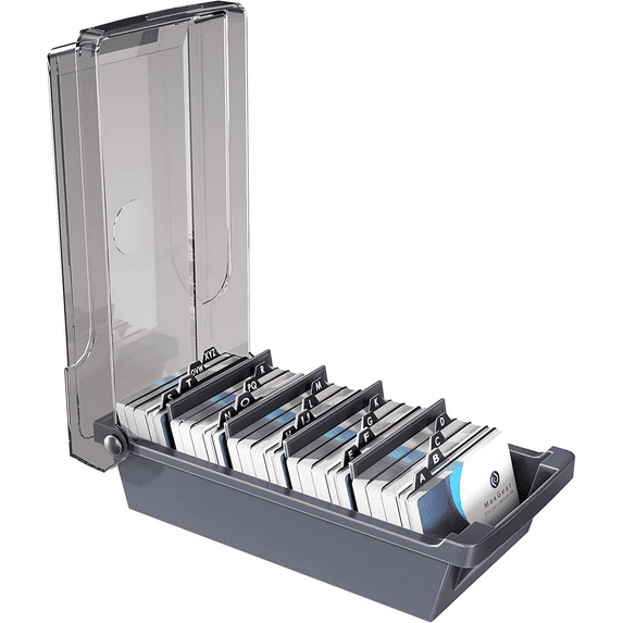MaxGear Business Card Holder for Desk, Capacity: 500 Cards (2.2" x 3.5"), with 4 Divider Boards, Transparent Lid, and A-Z Tabs