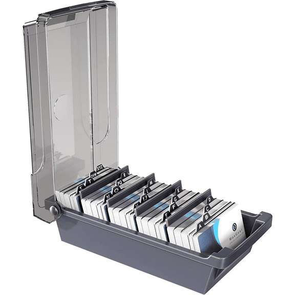 MaxGear Business Card Holder for Desk, Capacity: 500 Cards (2.2" x 3.5"), with 4 Divider Boards, Transparent Lid, and A-Z Tabs