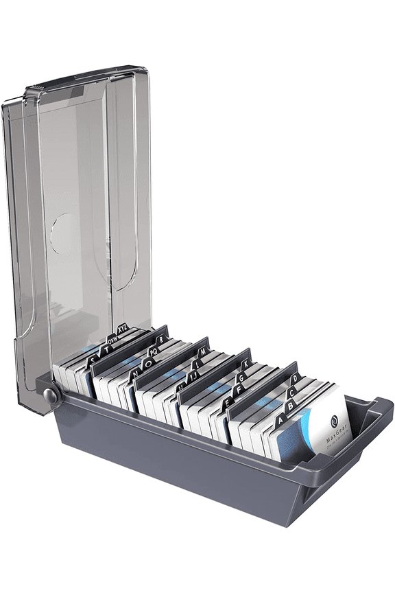 Business Card Holder for Desk, Capacity: 500 Cards (2.2" x 3.5"), with 4 Divider Boards, Transparent Lid, and A-Z Tabs