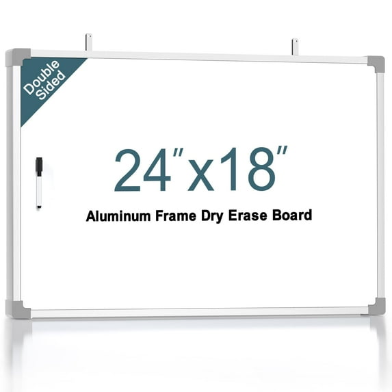 MaxGear Double-Sided Dry Erase Board, 24"x18" Aluminum Frame Hanging Whiteboard, White Board with a Black Dry Erase Marker