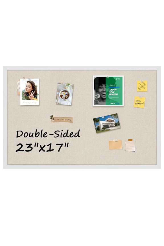 Double-Sided Cork Board & Linen Board for Wall, 23" x 17" Large Bulletin Board with White Wood Frame, Pin Boards