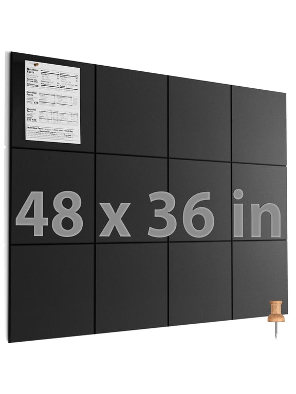 Large Cork Board for Wall 48" x 36", 12 Pack Felt Wall Tiles with Pushpins, Black Bulletin Board, Pin Board Tack Board for Office, Home, Decoration