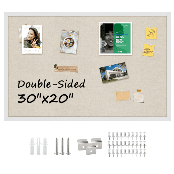 MaxGear Linen Bulletin Board 20"x30", White Wood Style Frame, Industrial Grade Pinning Surface