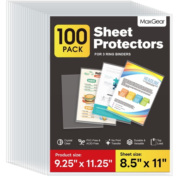 MaxGear No Holes Sheet Protectors, 8.5 x 11 Inch Clear Page Protectors, Top Loading Polypropylene Document Sleeves, Acid Free, 100 Pack
