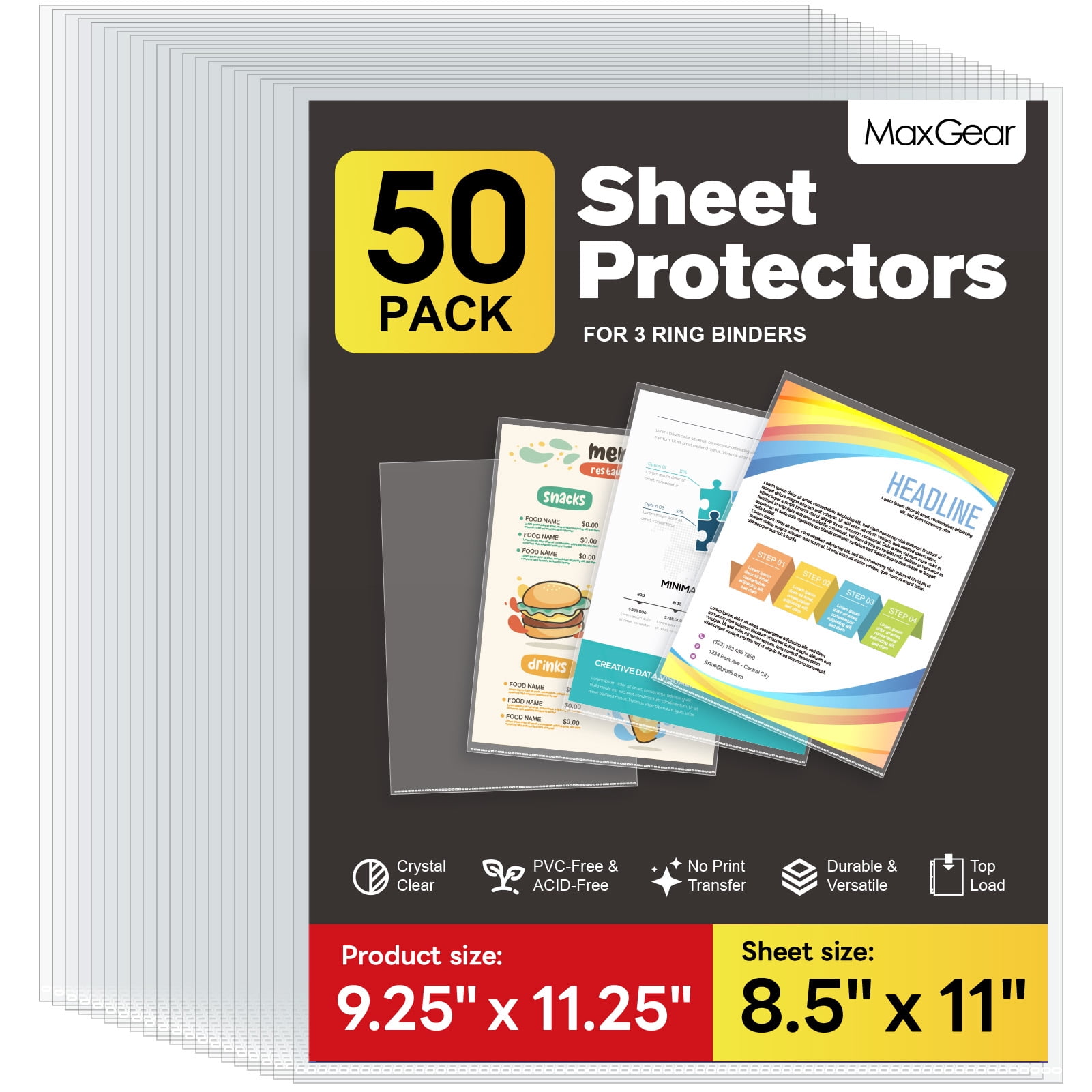 MaxGear No Holes Sheet Protectors, 8.5 x 11 Inch Clear Page Protectors, Top Loading Polypropylene Document Sleeves, Acid Free, 50 Pack