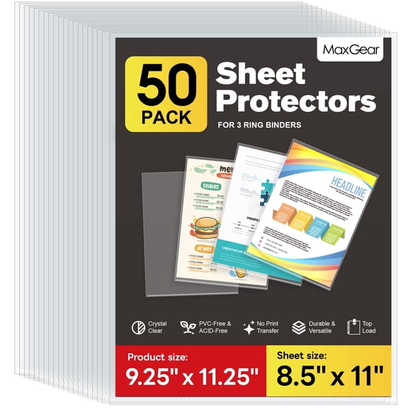 MaxGear No Holes Sheet Protectors, 8.5 x 11 Inch Clear Page Protectors, Top Loading Polypropylene Document Sleeves, Acid Free, 50 Pack