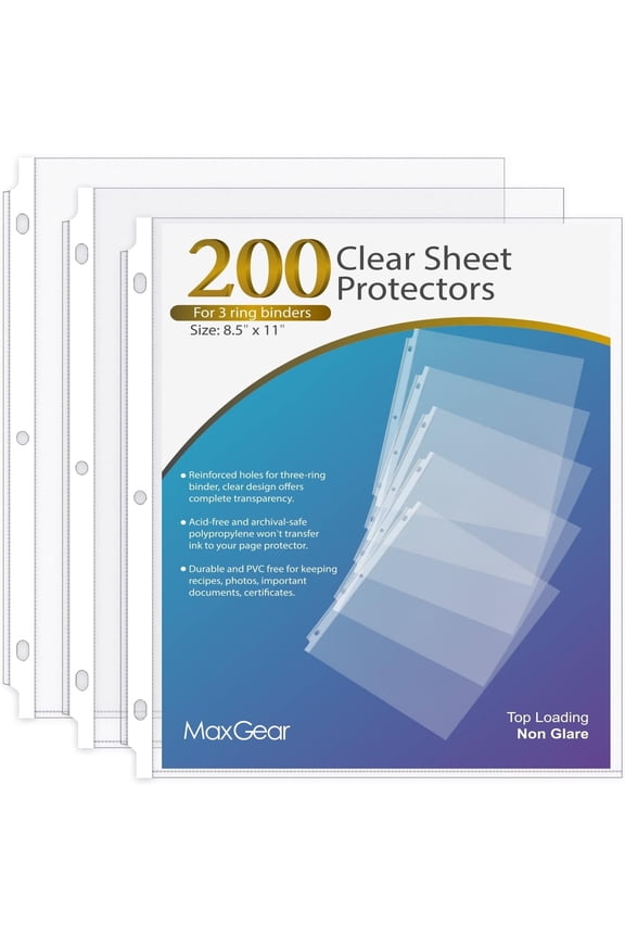 Non-Glare Sheet Protector 8.5 x 11 inch Clear Page Protectors, Paper Protector for 3 Ring Binder, Top Loading, 200 Pack
