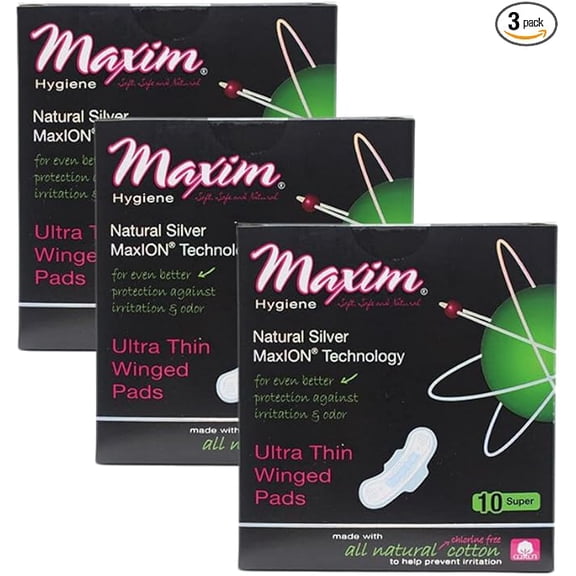 MaxION 100% Organic Cotton Pads with Wings, (3 Packs of 30) | Nighttime Super Absorbency Sanitary Napkins with Silver Ion & Tourmaline Odor Protection, Unscented for Heavy Flow, Chlorine-Free Pads