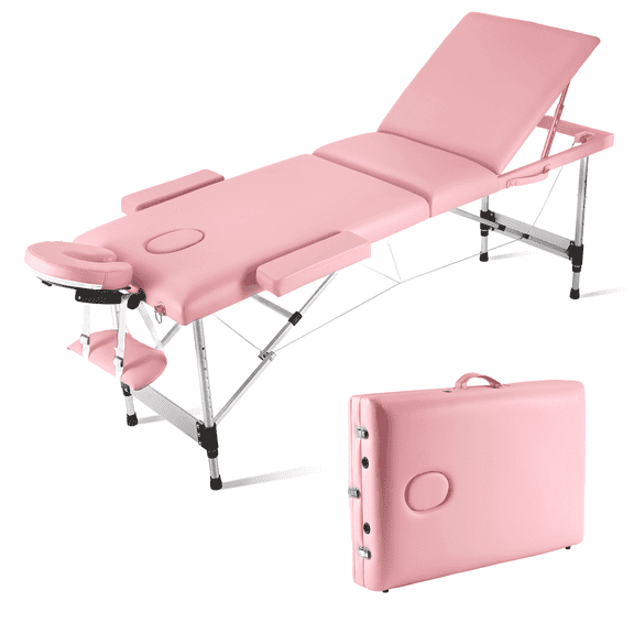 Maxkare3-Section Professional Massage Table, Adjustable Folding with Aluminum Legs, Carrying Bag for Salon Lash Treatments, Maximum weight capacity 595lbs, Pink