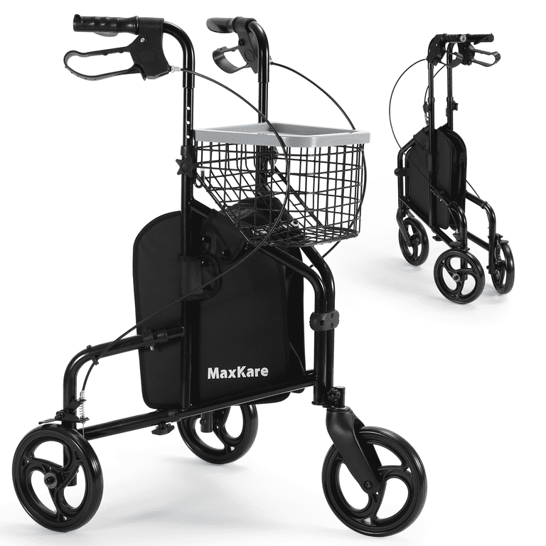 MaxKare Foldable 3-Wheel Rollator Walker for Seniors with Basket