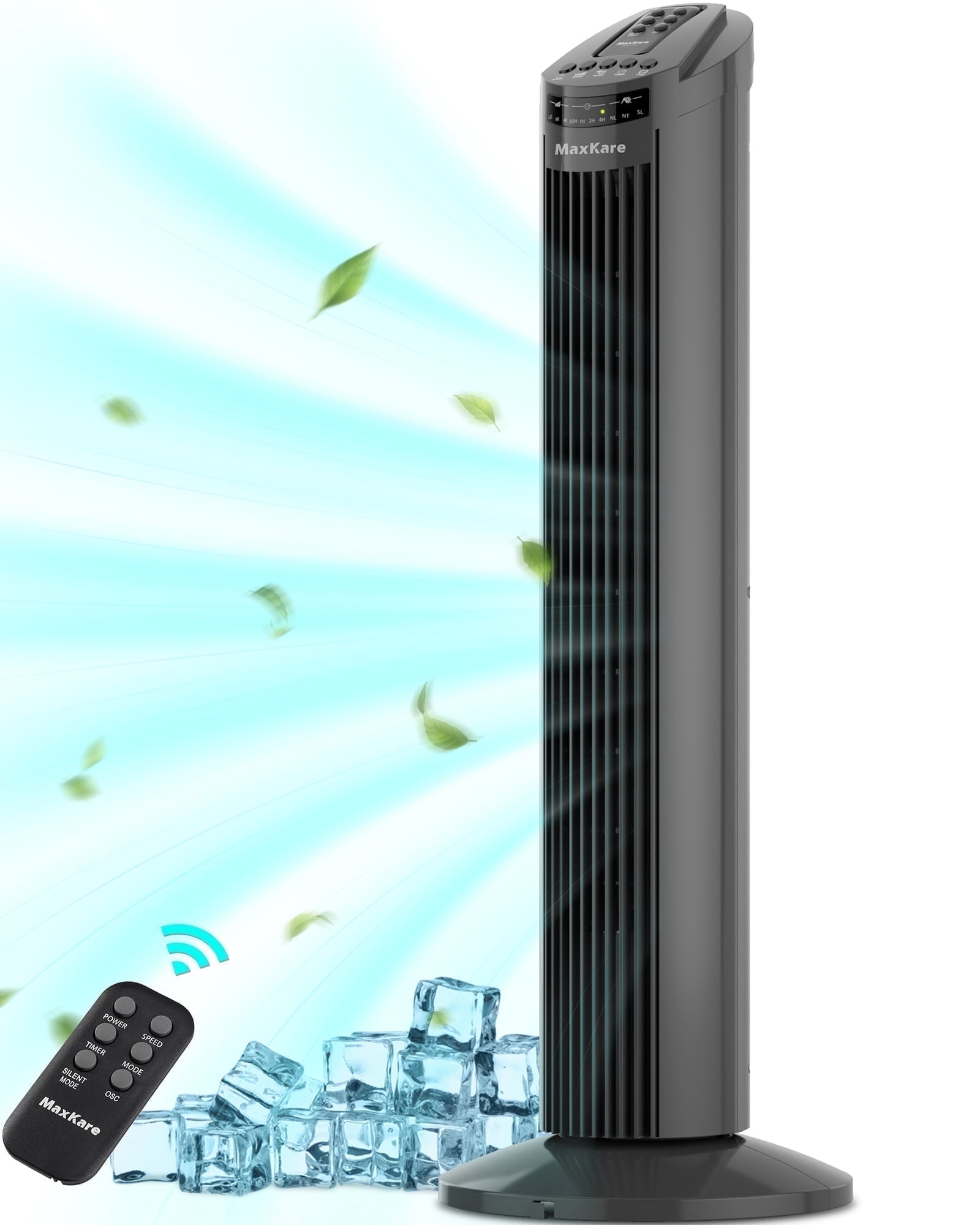 MaxKare 30" Tower Fan 70 Oscillating Cooling Fan with Remote Control, 7.5H Timer, Gray, New