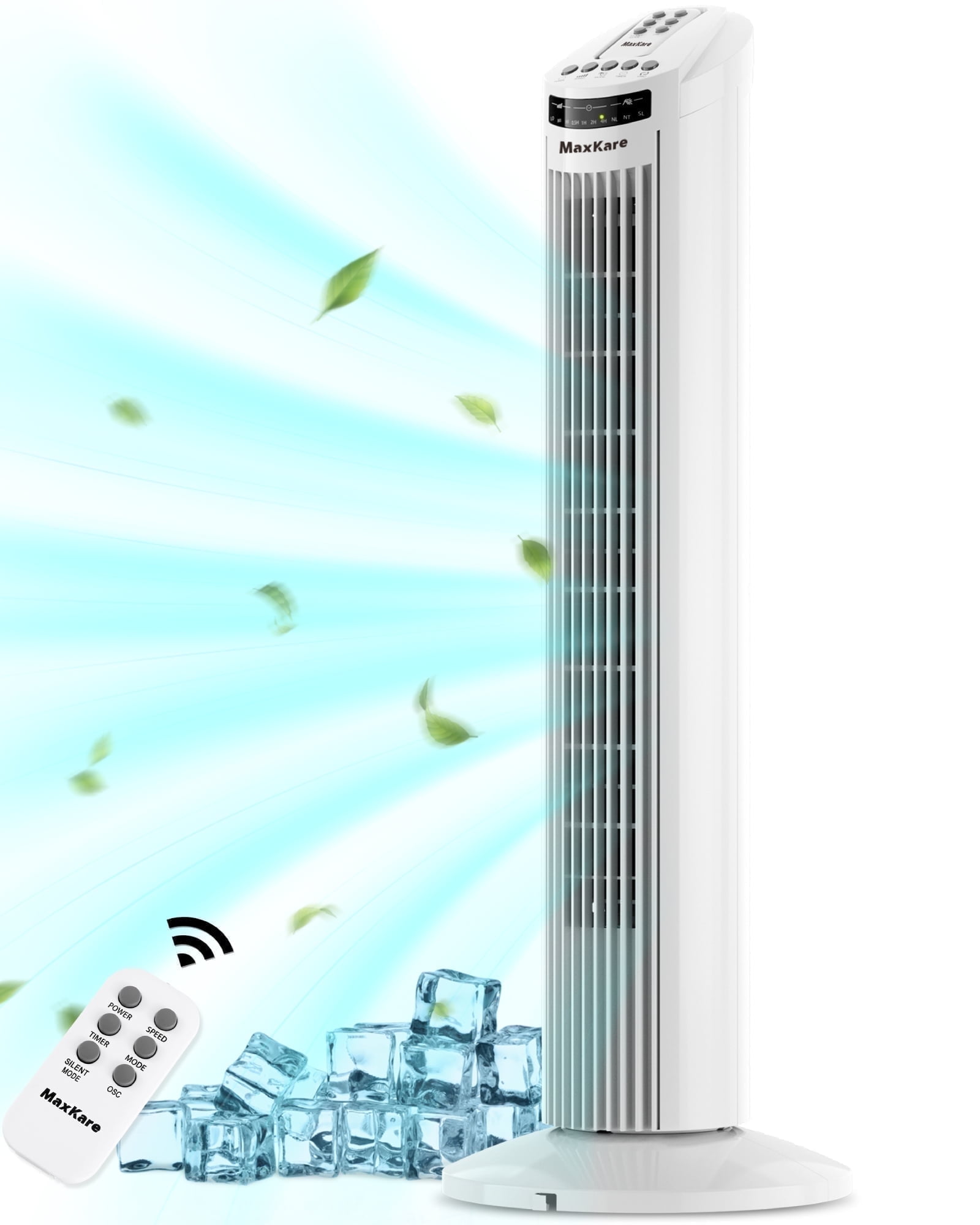 MaxKare 30" Tower Fan with Remote, 3 Speeds and Modes, Oscillating, Timer, White