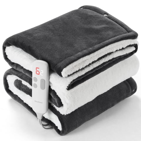 MaxKare 50" x 60" Electric Throw Blanket with 6 Heating Levels & 1-5H Auto-off, Machine Washable Flannel & Sherpa, Dark Gray & White