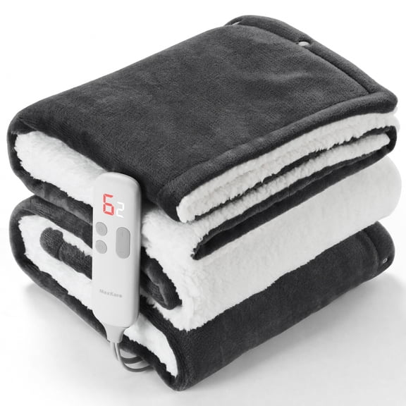 MaxKare 50" x 60" Electric Throw Blanket with 6 Heating Levels & 1-5H Auto-off, Machine Washable Flannel & Sherpa, Dark Gray & White