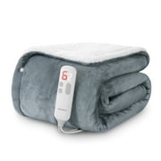 MaxKare 50" x 60" Electric Throw Blanket with 6 Heating Levels & 1-5H Auto-off, Machine Washable Flannel & Sherpa, Gray & White