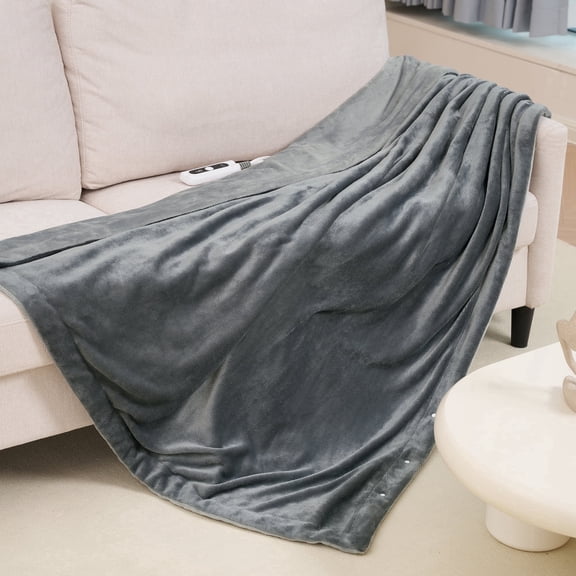 MaxKare Heated Throw Blanket, OEKO TEX Certified, Electric Blanket with 3 Button Adjust Fix, 6 Heat Levels, 4H Auto-off, Light & Dark Gray Flannel