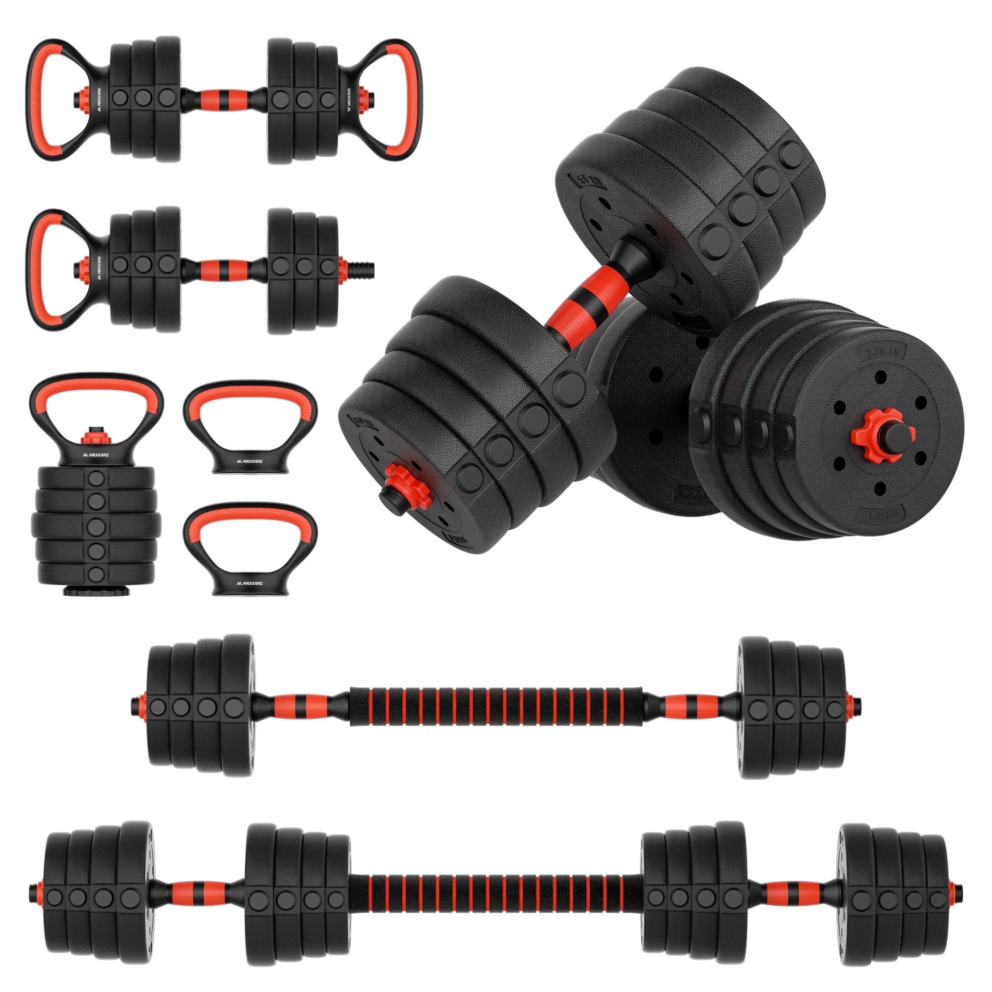 MaxKare 66LB Adjustable Weight Dumbbell Set 4 in 1 Set as Dumbbell Barbell Kettlebell Push-up Stands