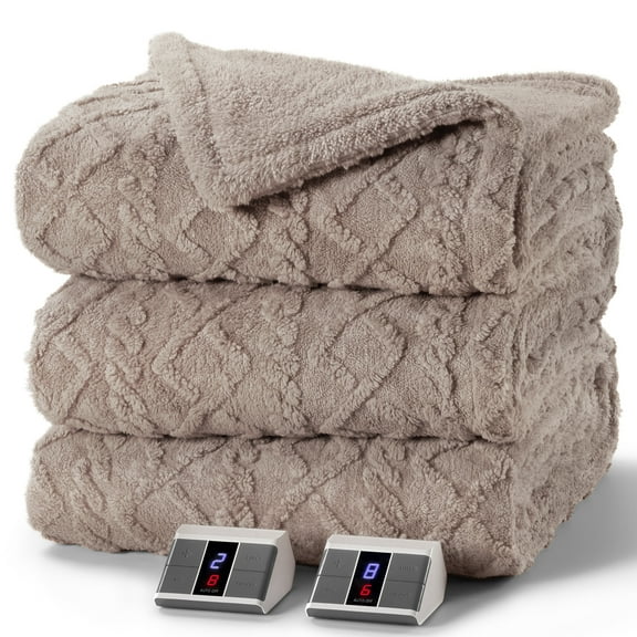 MaxKare Heated Blanket with Dual Controllers Queen Electric Blanket, 10 Heat Levels, 10H Timer, Soft Cable Knit Shu Velveteen, Linen