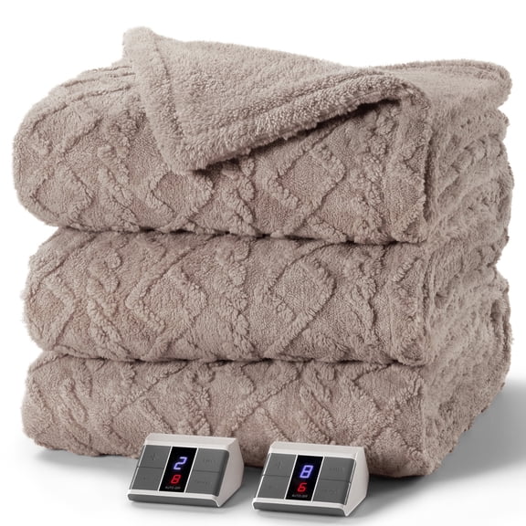 MaxKare Heated Blanket with Dual Controllers Queen Electric Blanket, 10 Heat Levels, 10H Timer, Soft Cable Knit Shu Velveteen, Linen