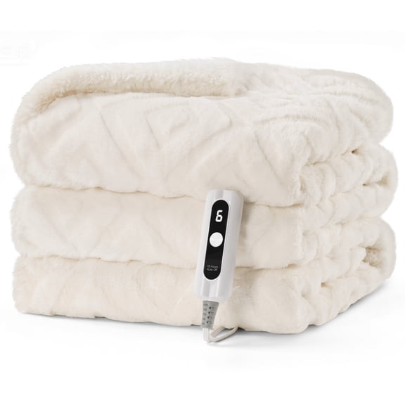 MaxKare Heated Blanket with Faux Fur & Shu Velvet, Electric Blanket Full Size with 6 Heating Levels, 10H Auto off, ETL Certified, White