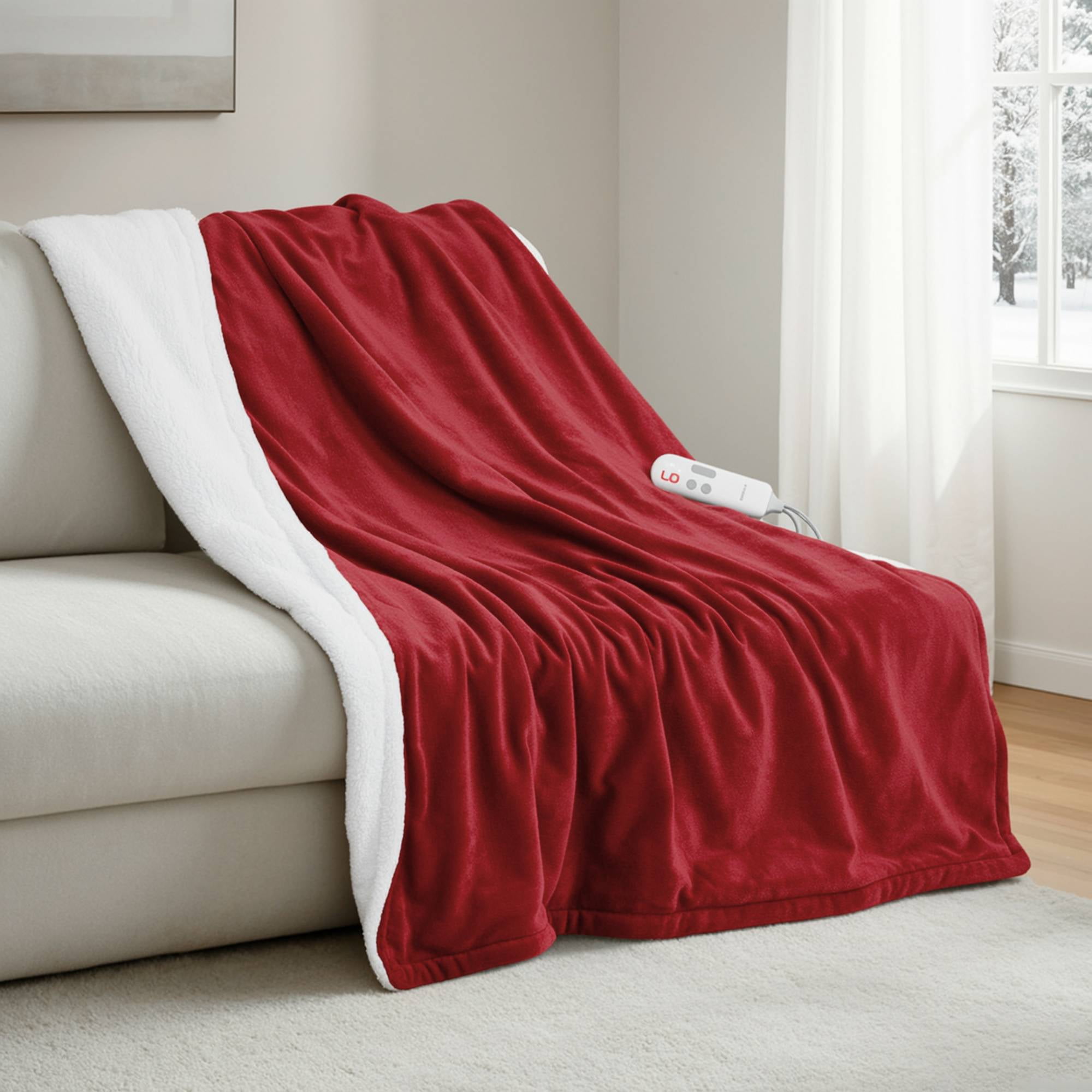 MaxKare Heated Blanket 50" x 60" with 6 Heating Levels & 5 Timer Settings Electric Throw Blanket ETL Certification, Flannel & Sherpa, Red & White