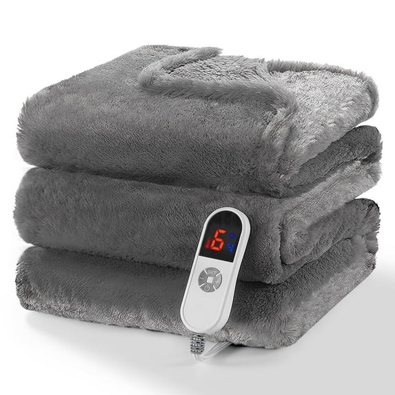 MaxKare Heated Throw Blanket 60" x 70", Electric Blanket with 6 Heating Levels & 4H Timer, Large LED Display, Soft Faux Fur & Shu Velvet, Gray
