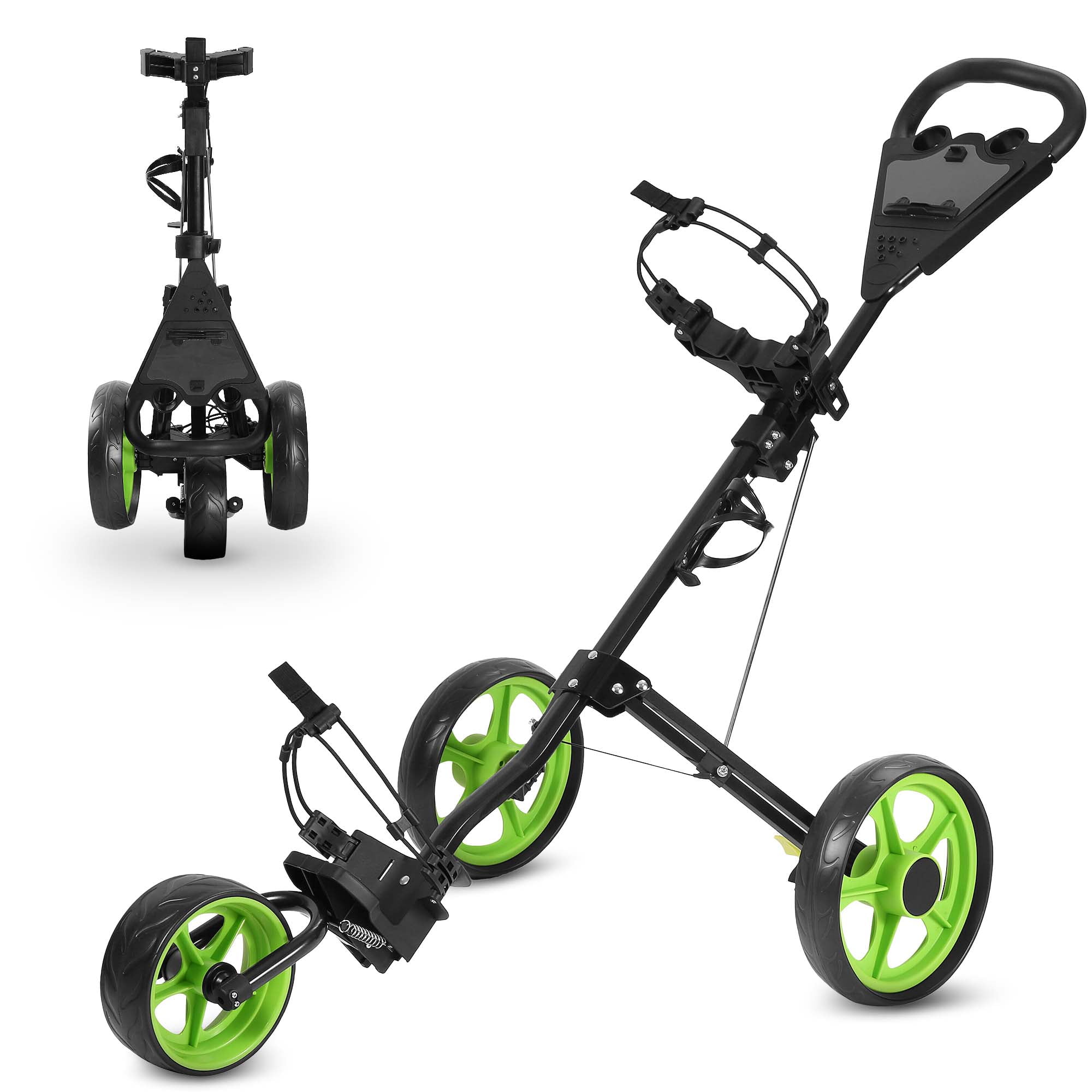 MaxKare Folding 3 Wheels Golf Pull Push Cart with Scoreboard Adjustable Handle, Green