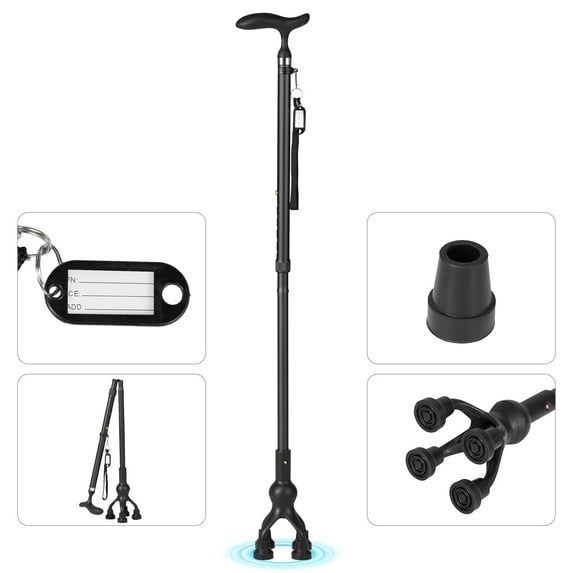 MaxKare Folding Walking Canes with Non-slip Quad Base, Adjustable Height & Lightweight, Gift for Mom/Dad, Black