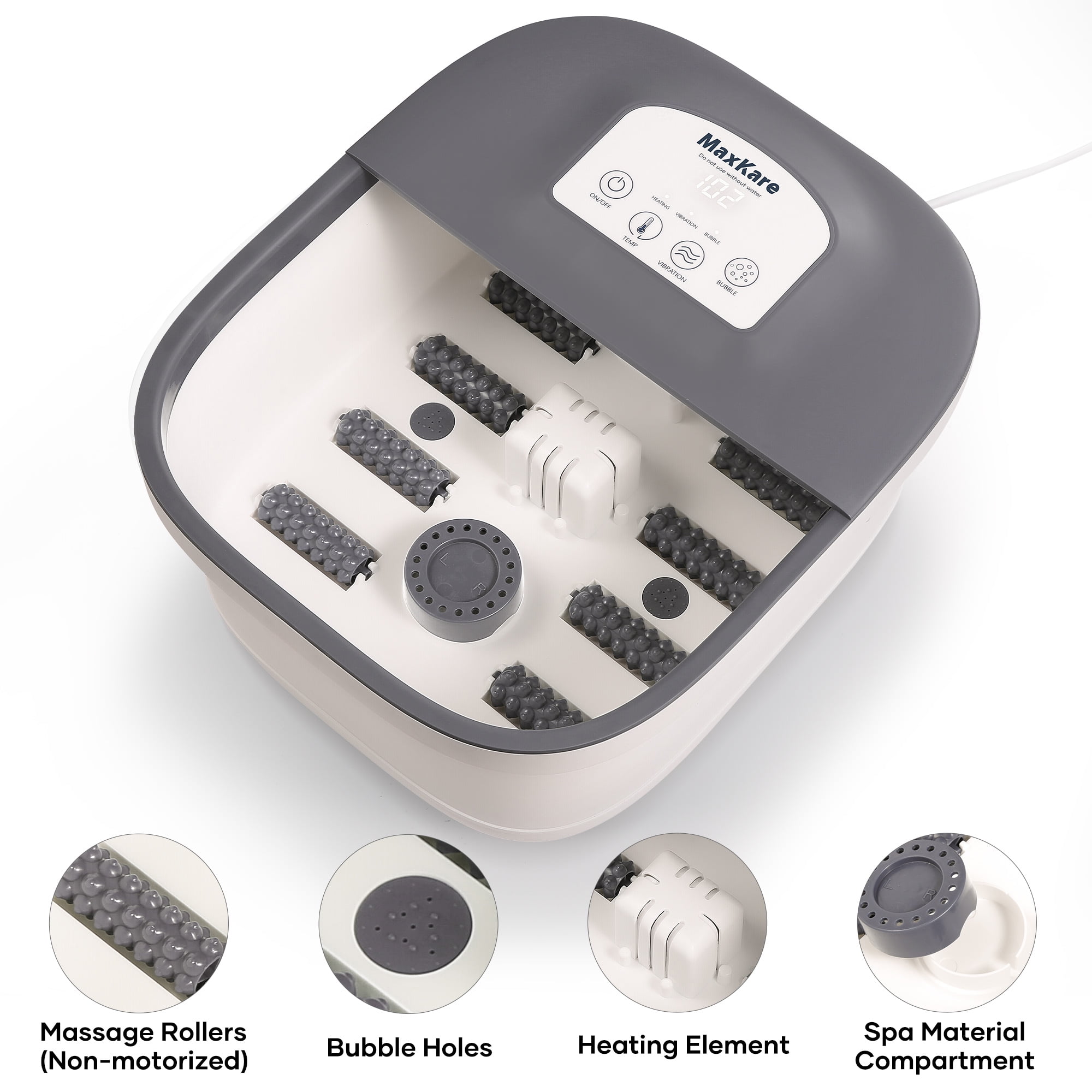 MaxKare - Brandclub - MaxKare Foot Spa Bath Massager with Heat, Bubbles,  Vibration, Digital Temperature Control & 8 Removable Rollers for Foot  Stress Relief, Gray
