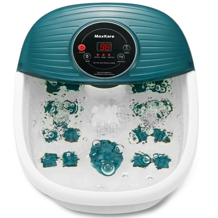 MaxKare Foot Soak Spa Bath Massager with Heat, Bubbles, and Vibration, Digital Temperature Control, 16 Detachable Massage Rollers, Soothe and Comfort Feet - Green