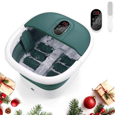 MaxKare Foot Spa Bath Massager with Heat, Collapsible with Remote Control, 6 Large Massage Rollers Digital Display-Green
