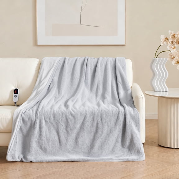 MaxKare Heated Blanket, Electric Throw Blanket with 6 Heating Levels & 4 Hours Timer, Soft Faux Fur & Flannel, 50" x 60" Gray & White