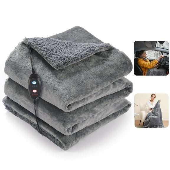MaxKare Heated Car Blanket with Controller, Electric Throw Blanket for Travel & Home Use, 3 Heating Levels, 3 Timers, 59" x 43" Gray