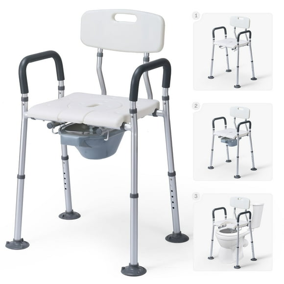 MaxKare Multi-functional Shower Chair with Commode Bucket, Bedside Commode Chair, Raised Toilet Seat, Adjustable Height, Max Weight 300Lbs