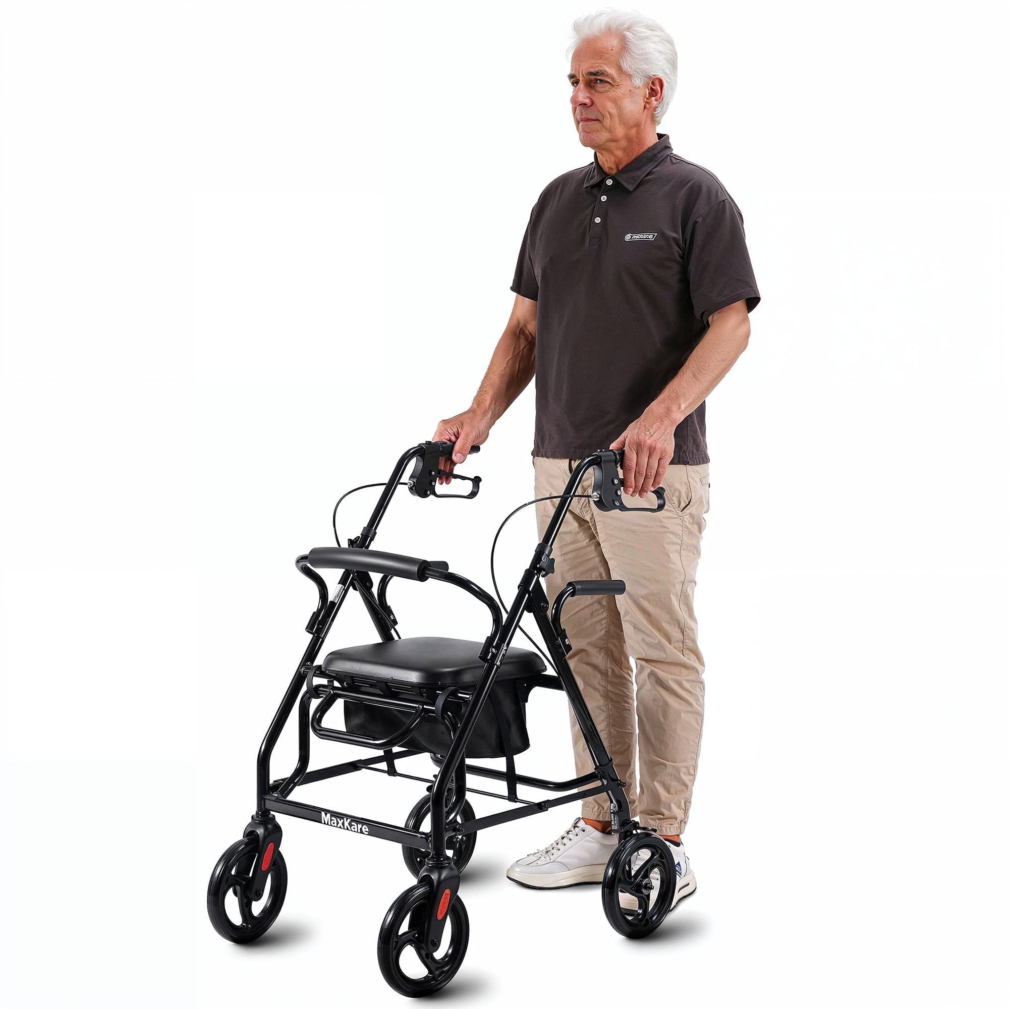 MaxKare Rollator Walker 8" Wheels with Seat & Padel for Seniors, Use as Transport Wheelchair or Walker, Removable Armrest & Backrest, Foldable, 300Lbs, Adjustable Handles