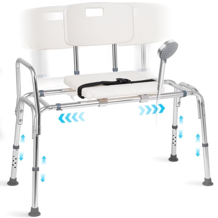 MaxKare Sliding Transfer Bench for Bathtub, 9 Levels Adjustable Height Shower Chair, Non-Slip Shower Bench for Elderly Disabled Handica with Safety Belt & Cutout Seat, 300 lbs