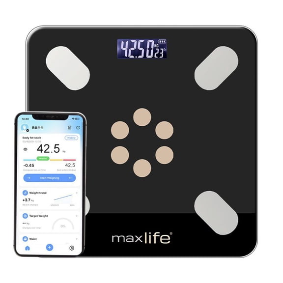 Max Life® Smart Body Fat Scale with Bluetooth, Digital LCD, Body Composition Analyzer, OKOK App, Black