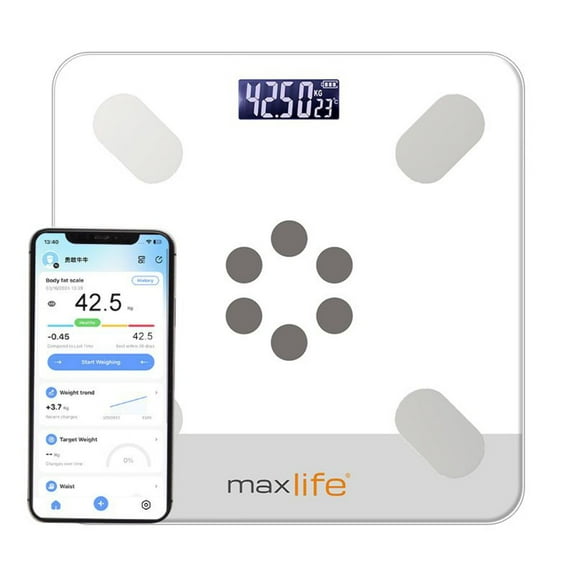 MaxLife Smart Body Fat Scale – Bluetooth Digital Bathroom Scale with OKOK App, Body Composition Analyzer, 400 lbs Capacity, High-Precision, Large LCD Display - 12" White